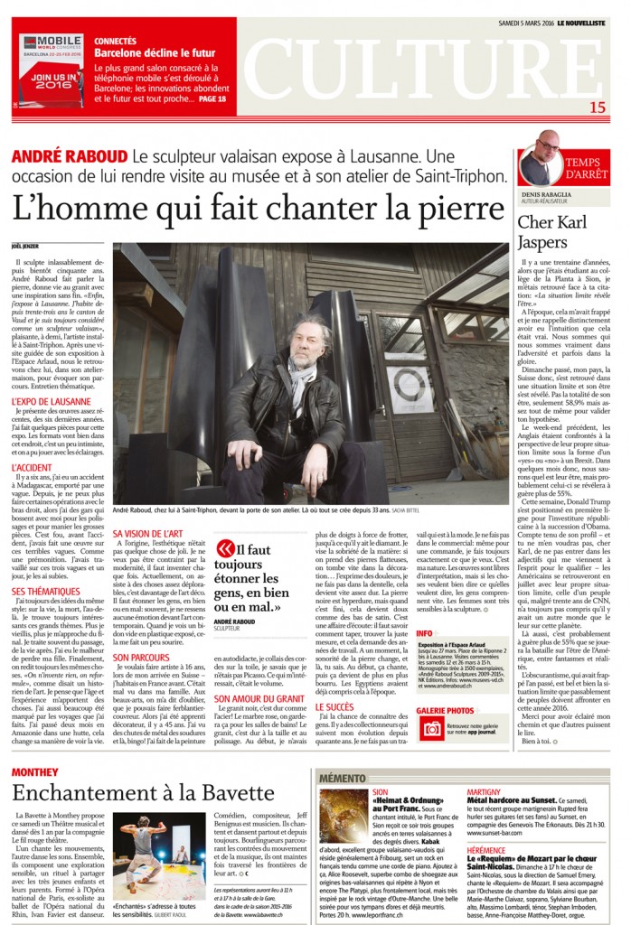 L'homme qui fait chanter la pierre - Le Nouvelliste - 05.03.2016